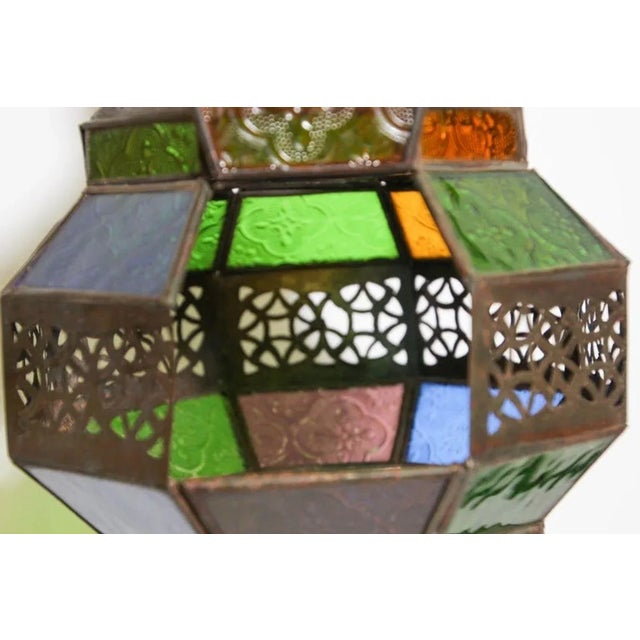 Handcrafted Moroccan Metal and Multi-Color Glass Lantern Octagonal Diamond Shape For Sale - Image 10 of 13