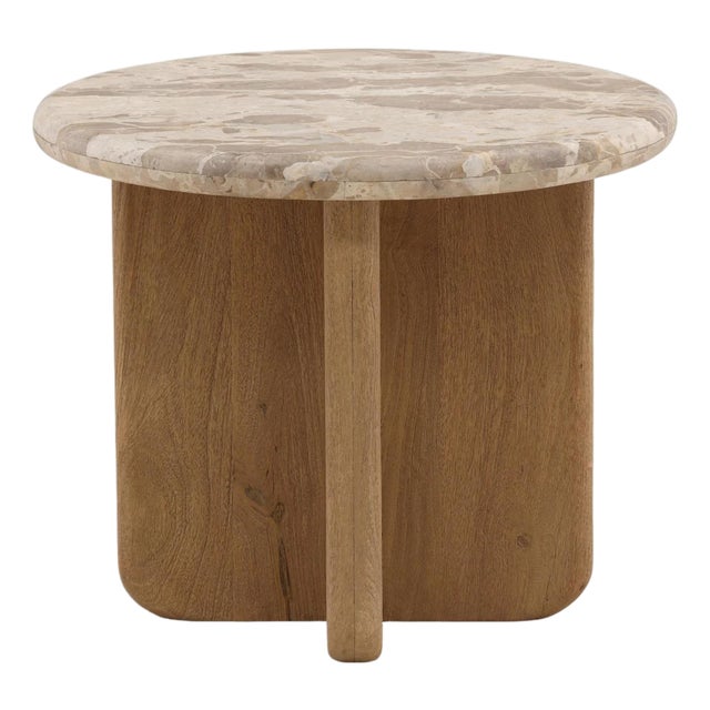 Contemporary Modern Beige Marble & Wood Round Side Table For Sale
