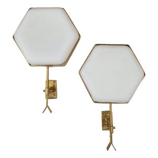 Vintage Wall Lights in Brass and Hexagonal Glass, Set of 2 For Sale