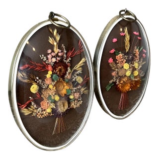 Pair of Vintage Oval Cideart Belgium Dried Floral Arrangements in a Convex Glass Dome Frames For Sale