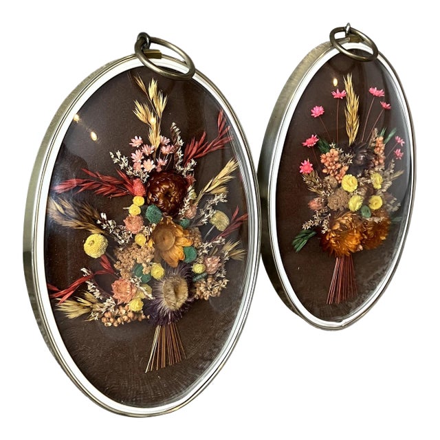 Pair of Vintage Oval Cideart Belgium Dried Floral Arrangements in a Convex Glass Dome Frames For Sale