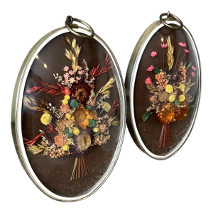 Pair of Vintage Oval Cideart Belgium Dried Floral Arrangements in a Convex Glass Dome Frames