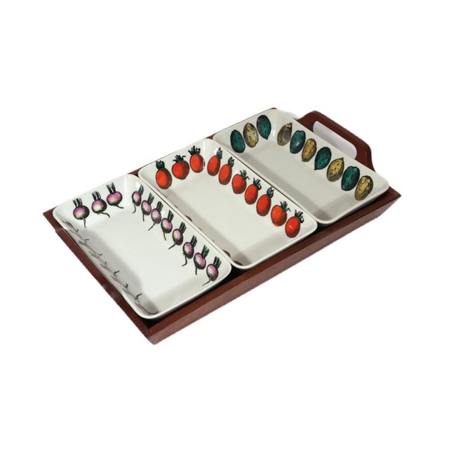 "The Vegetable Garden": Rare Fornasetti "Ceramiche di Bollate" Appetizer Set, Circa 1950s A charming and rare mid-century...