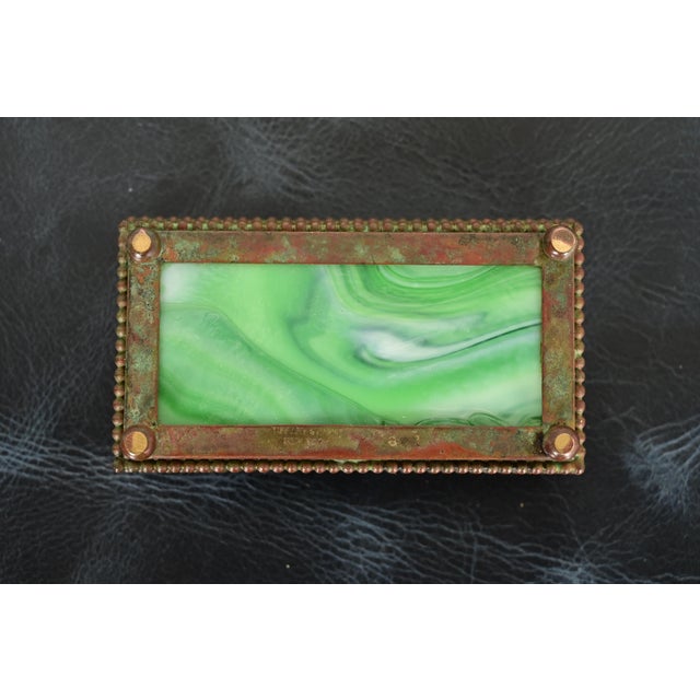 Tiffany Studios New York Pine Needle Pattern Bronze and Favrile Slag Glass Stamp Box For Sale - Image 9 of 12