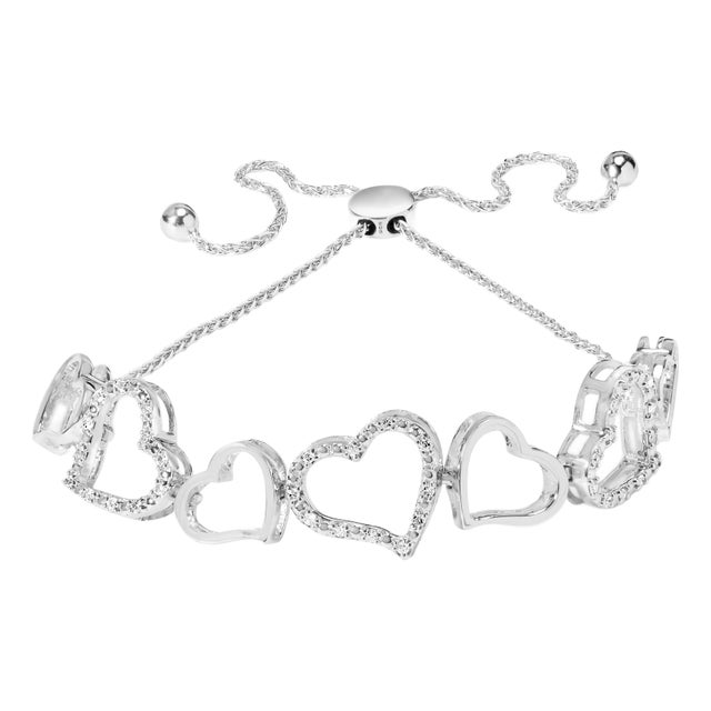 .925 Sterling Silver 1/4 Cttw Diamond Open Heart Link Adjustable Bolo Bracelet (I-J Color, I2-I3 Clarity) - 4 to 10 Inches For Sale