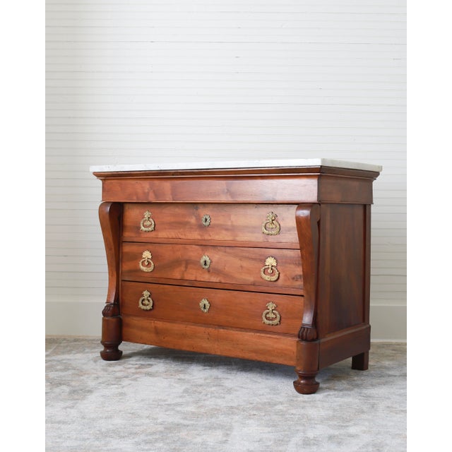 Louis Philippe 19th C French Empire Walnut Commode, White Marble Top For Sale - Image 4 of 12