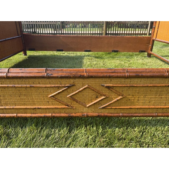 British Colonial Style Faux Bamboo and Rattan Queen Bed in Tortoise Finish For Sale - Image 9 of 12