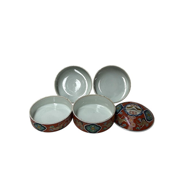 Asian Vintage Oriental Iron Red Round Cranes Graphic Stack Container Box For Sale - Image 3 of 8