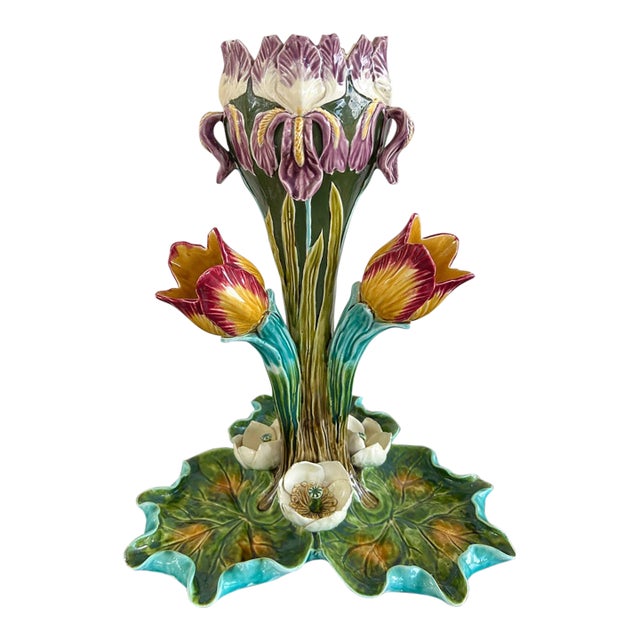 Antique French Majolica Vase Centerpiece Onnaing Art Nouveau Iris Tulip C1900 For Sale