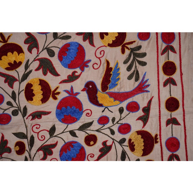 Handcrafted Uzbek Suzani Wall Tapestry – Folk Art Bird & Tree Design Decor 3'5'' X 6'1'' For Sale - Image 9 of 11