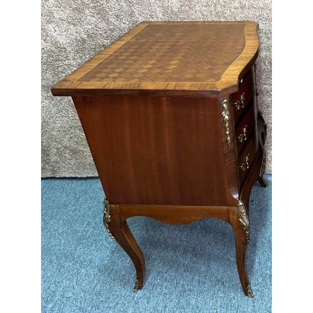 Brown Vintage French Style Wood/Parquet Inlaid Three Drawer Chest W/Brass Ormolu For Sale - Image 8 of 10
