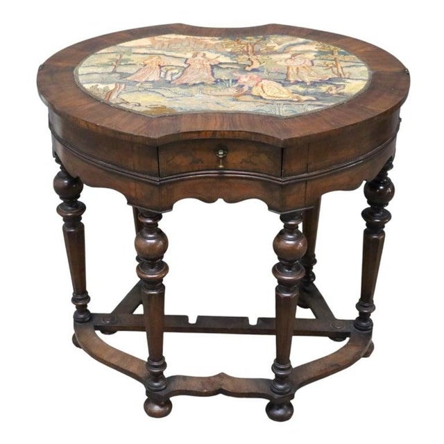 Early 19th Century English Jacobean Walnut & Burl Petit Point Top Game Table With Tapestry C1810 For Sale - Image 5 of 16