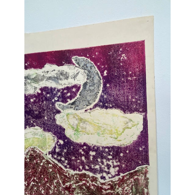 Late 20th Century Vintage Abstract Mountain & Moon Landscape Offset Lithograph For Sale - Image 5 of 8