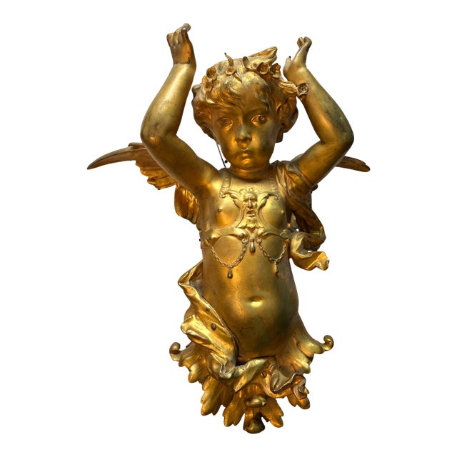 25" French Belle Époque Bronze D’Or Cherub Architectural Salvage Sculpture, 19th Century For Sale
