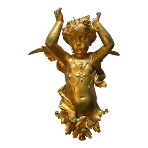 25" French Belle Époque Bronze D’Or Cherub Architectural Salvage Sculpture, 19th Century