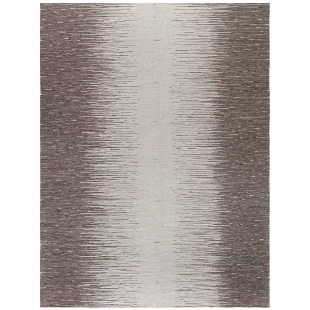 Abstract Modern Striated Flatweave Rug In Taupe And Beige "Pluvial" For Sale