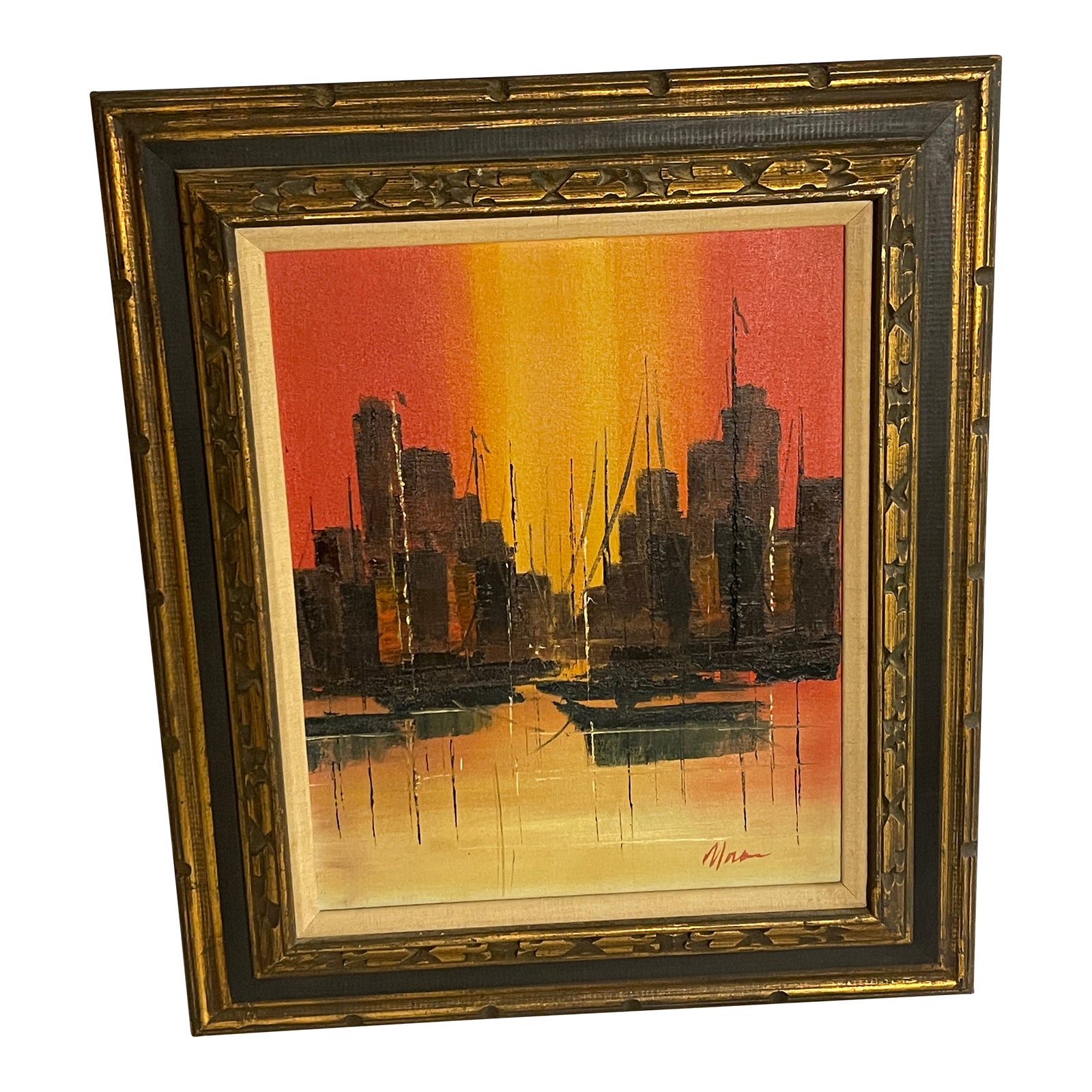 額縁込みメキシコ画家ミッドセンチュリー Mexican Mid Century Modern Oil Painting City Bay at Sunset Signed