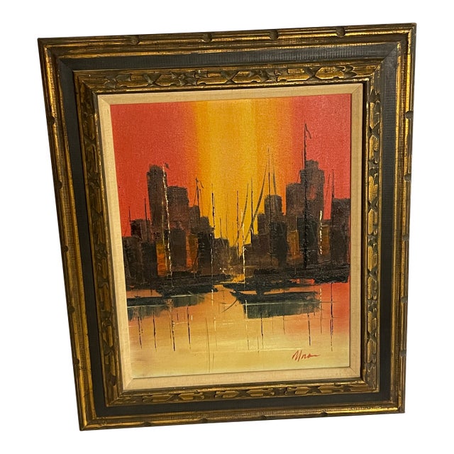 Mexican Mid Century Modern Oil Painting City Bay at Sunset Signed, Framed For Sale