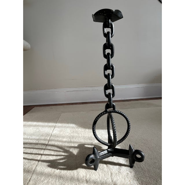 Black Brutalist Spanish Midcentury Wrought Iron Chain Candle Holder For Sale - Image 8 of 9