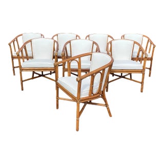 McGuire Vintage Rattan & Cane Dining Chairs With New Perennials Upholstery, a Set of 8 For Sale