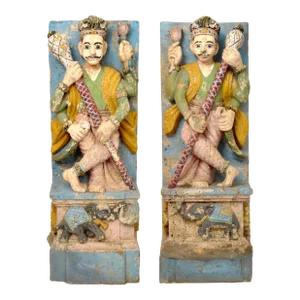 Antique 19th Century Indian Hindu Carved Stone Temple Guard Statues, 1850 - A Pair