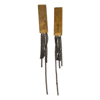 Contemporary Brutalist Style Brass and Gunmetal Chain Fringe Dangle Earrings For Sale