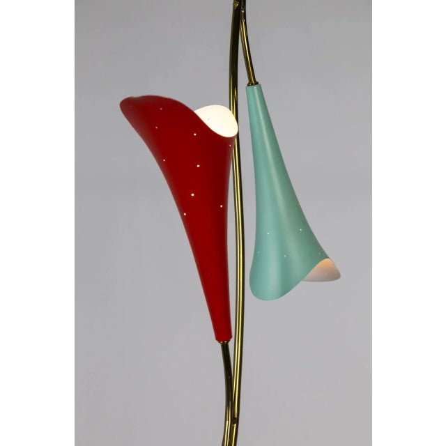 Mid Century 2-Light Pendant With Mint & Red Trumpet Flower Shades & Curved Stem For Sale In San Francisco - Image 6 of 13