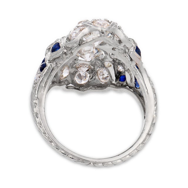 1920s Art Deco Old Cut Diamond Sapphire Navette Platinum Ring, Size 3 For Sale In Los Angeles - Image 6 of 7