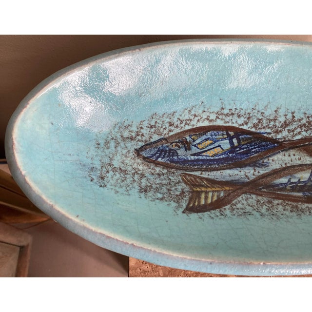 Blue Mid-Century Modern 1950s Pottery Bowl With Fish Signed For Sale - Image 8 of 8