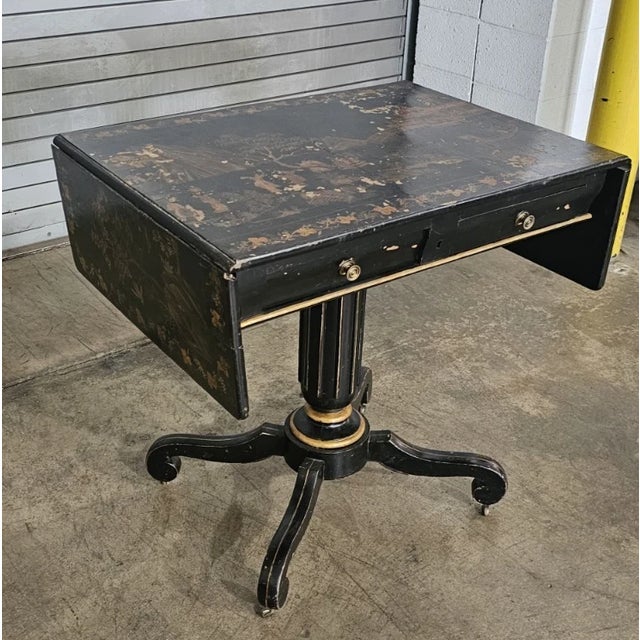 Chinoiserie 19th Century Ebonized Chinoiserie Pedestal Occassional Table Drop Leaves For Sale - Image 3 of 13
