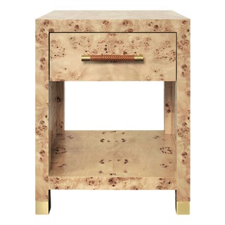 Matthew Izzo Home Pelham Light Burlwood One Drawer Side Table With Brass and Wrapped Rattan Handle For Sale