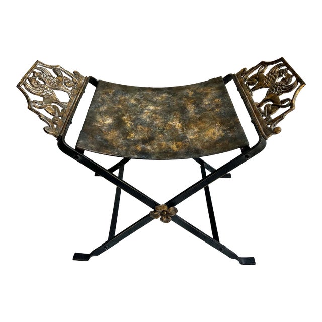 Vintage Oscar Bach Style Newly Painted and Hand Gilt Iron X Base Bench/Stool For Sale