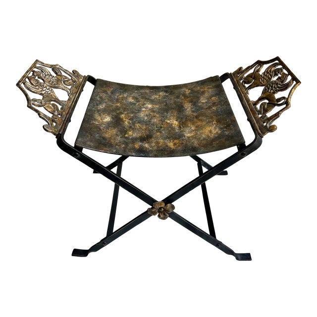 Vintage Oscar Bach Style Newly Painted and Hand Gilt Iron X Base Bench/Stool Unique Home Décor" For Sale