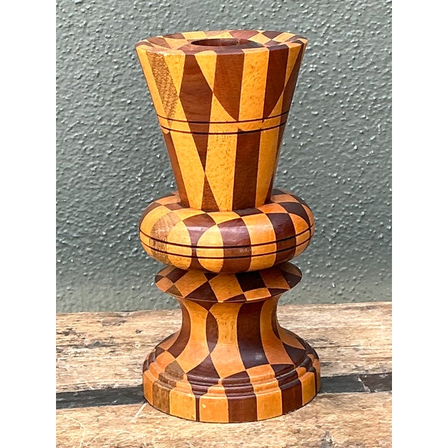 This striking mid-century wood marquetry vase is a masterclass in geometric woodwork and hand-inlaid craftsmanship....