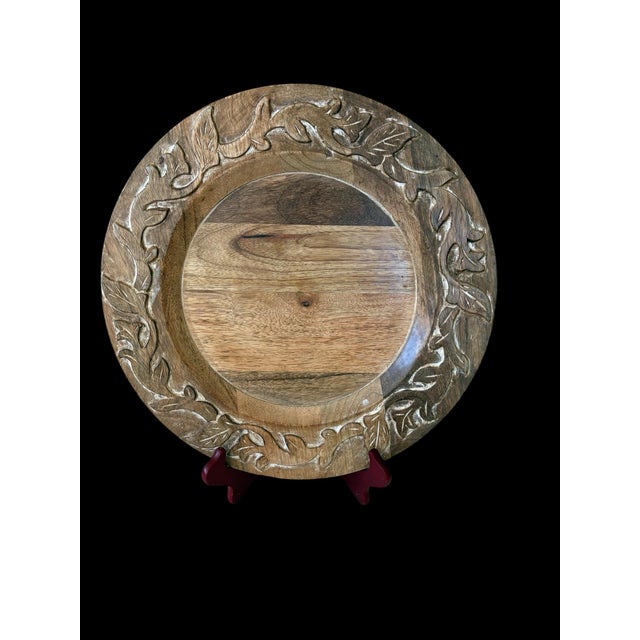 Farmhouse Vintage Pier 1 Imports Carved Wood Leaf and Vine 14” Charger Plates — Set of 4 For Sale - Image 3 of 9