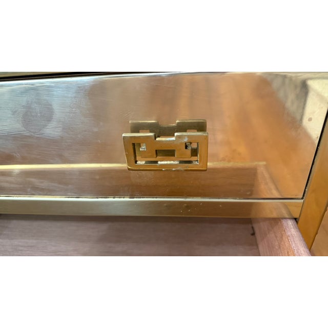 1990s Sarreid Style Brass Campaign Chest With Greek Key Hardware on Ebonized Base — 20.25″ W For Sale - Image 11 of 13