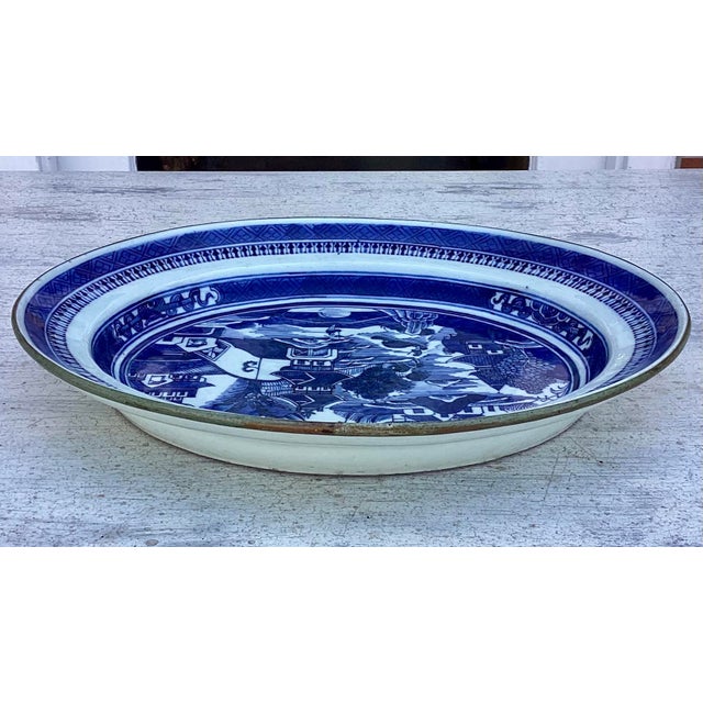 Antique Chinese Export Pottery Blue & White Willow Platter For Sale - Image 4 of 6