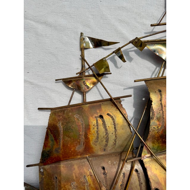Figurative Brutalist Flame Torch-Cut Copper Metal Schooner Ship Wall Sculpture Art For Sale - Image 3 of 10