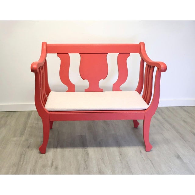 American Antique American Classical Grecian Painted Settee With Scrolled Arms & Saber Legs, Circa 1830 For Sale - Image 3 of 10