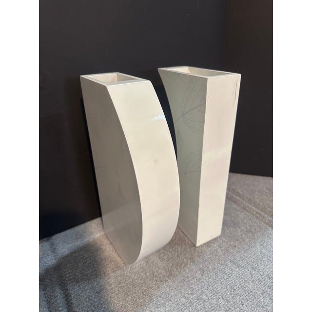 Russel Wright 1980s Pair Large Geometric Postmodern Vases With Leaf Design For Sale - Image 4 of 6