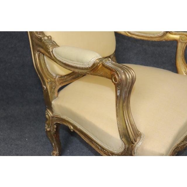 Yellow 19th C Pair French Louis XV Yellow Carved Giltwood Armchairs For Sale - Image 8 of 17
