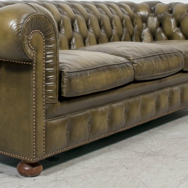 Animal Skin Vintage 1960s English Chesterfield Sofa in Olive Green Leather For Sale - Image 7 of 12