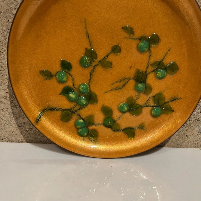 AMBIANIC presents 1960s Modernist Copper Enamel Plate Stunning Green Pear on Gold 8 diameter x .5 Preowned original...