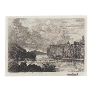 1889 Helen Farley Blaney Rooster Rock on Columbia River Etching
