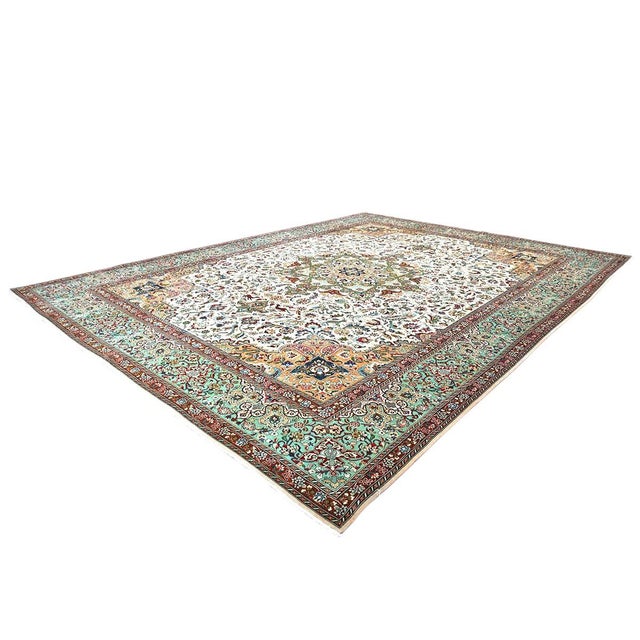 1940s Antique Persian Tabriz Wool & Cotton 10X13 Ivory, Peach, Red & Teal Handmade Area Rug #1140364 For Sale - Image 5 of 9