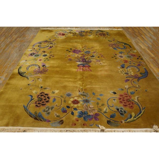 Hand Knotted Pile Wool Rectangle Antique 1920s Yellow Rug, Circa Date: 1920s. This exceptional piece captures the opulent...