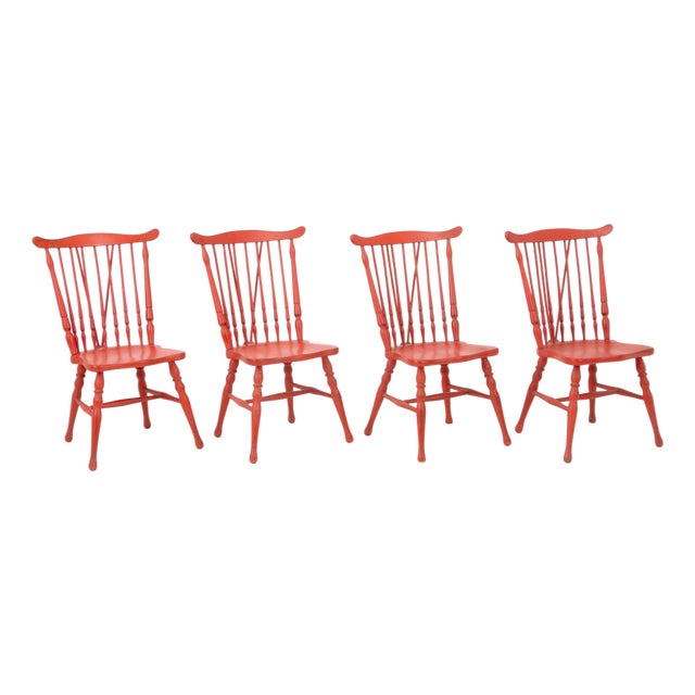 Windsor Style Red Painted Dining Chairs, 4 For Sale