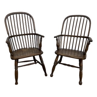 Mid-1800s Antique Oak Windsor Arm Chairs- A Pair For Sale