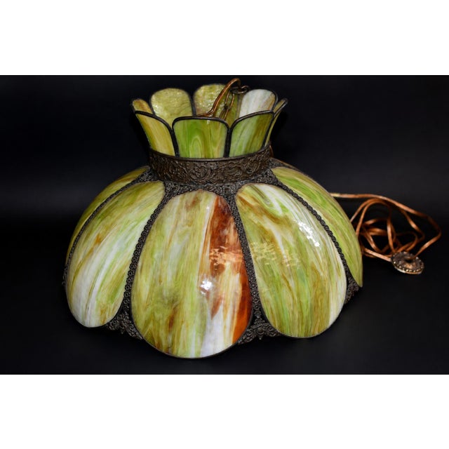 Antique Avocado Ceiling Light Shade With Slag Glass and Bronze Bands For Sale - Image 9 of 18