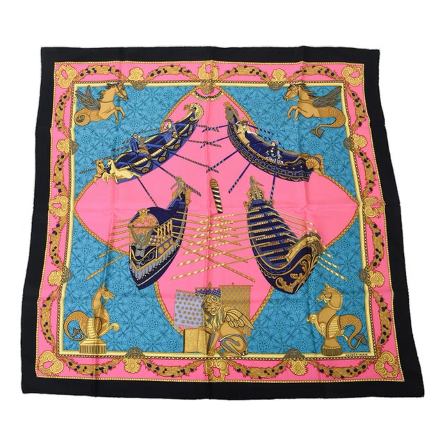 1970s Vintage Silk Hermes Scarf "Les Bissone De Venice" Hot Pink, Turquoise, Gold, Black, Gray, Purple For Sale